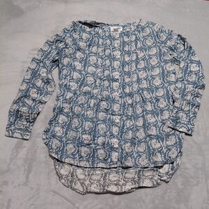 100% Cotton S Blue White Floral Print Pintuck Button Front Tunic Blouse Old Navy